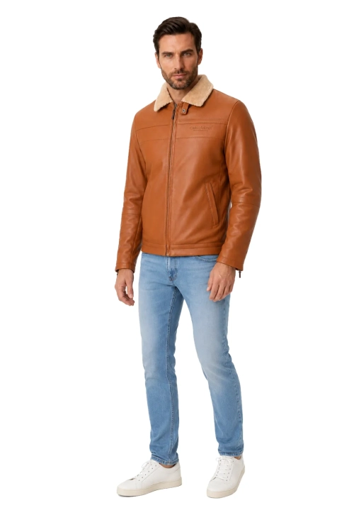 męska kurtka pilotka skórzana w kolorze camel DORJAN 6.webp