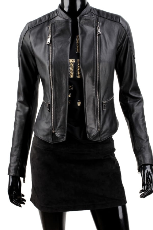 MEL450 - Ramoneska skórzana damska z pikowanymi ramionami z kieszeniami bocznymi na zamek DORJAN