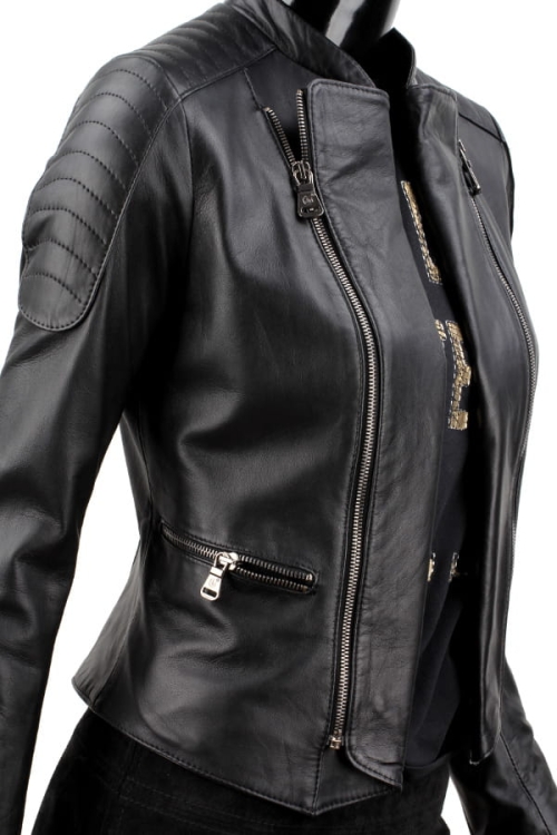 MEL450 - Ramoneska skórzana damska z pikowanymi ramionami z kieszeniami bocznymi zapinanymi na zamek DORJAN