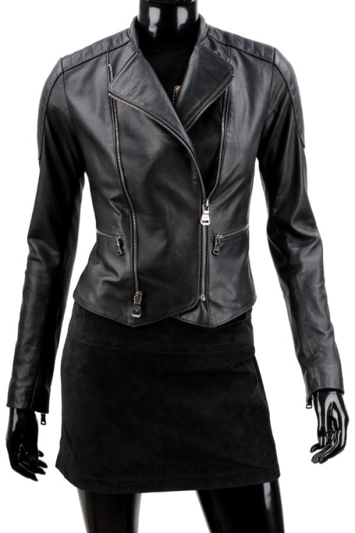 MEL450 - Ramoneska skórzana damska z pikowanymi ramionami z asymetrycznym zapięciem DORJAN