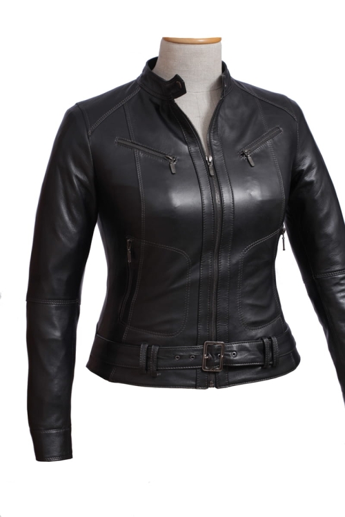 SAR450 - czarna damska kurtka skórzana z paskiem na klamrę DORJAN