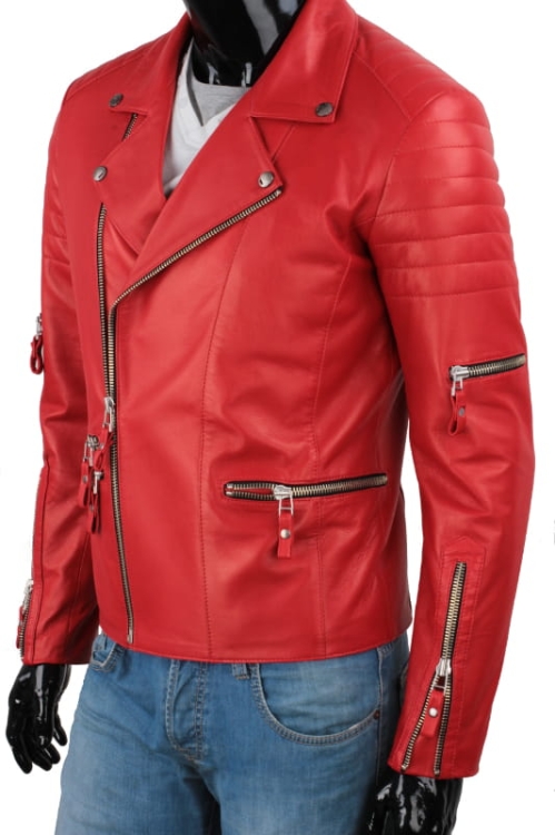 ATN462 - Czerwona Ramoneska Męska Skórzana / zapinane kieszenie zewnętrzne i regulacja rękawa DORJAN