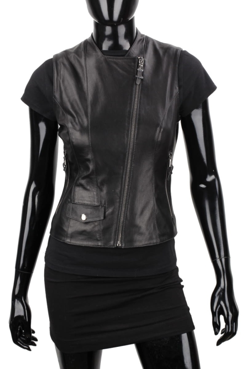KRY450 - kamizelka skórzana damska z asymetrycznym zapięciem z przednią kieszonką z patką DORJAN