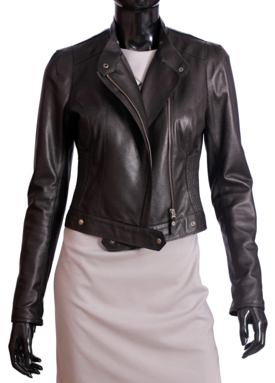 NS450 - czarna ramoneska skórzana damska w stylu vintage z klasycznymi klapami DORJAN