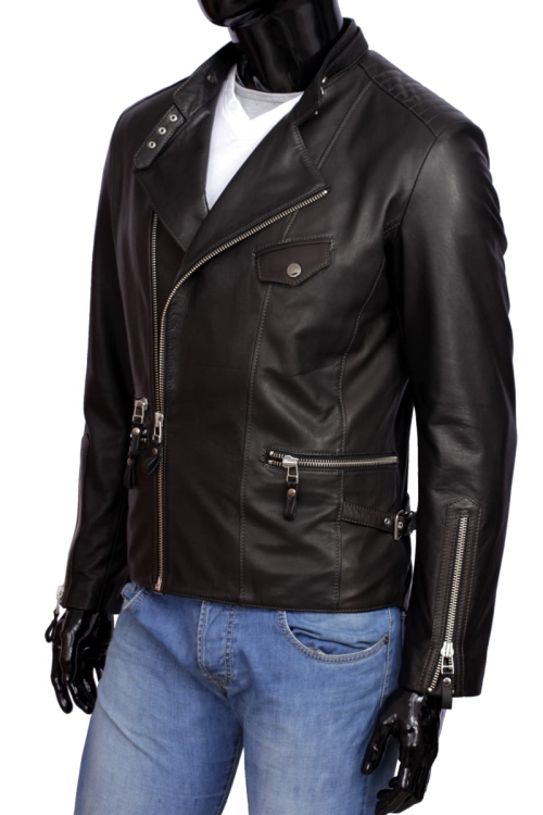 LEO950_3 - Ramoneska Skórzana Męska Vintage Carlo Monti z kieszeniami na metalowe zamki