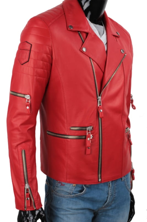 ATN462 - Czerwona Ramoneska Męska Skórzana / klasyczna ramoneska z dużą ilością zamków DORJAN