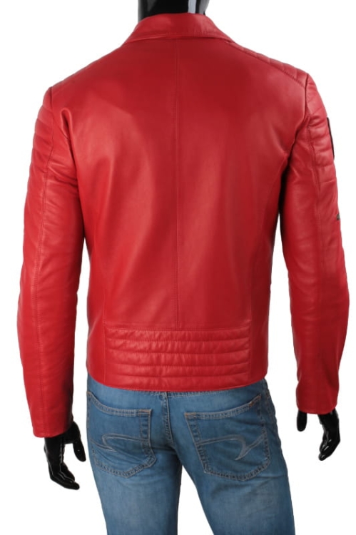 ATN462 - Czerwona Ramoneska Męska Skórzana / plecy ramoneski z poziomymi pikowaniami na dole kurtki DORJAN