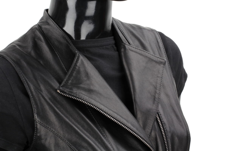 KRY450 - kamizelka skórzana damska z asymetrycznym zapięciem z klasycznymi klapami DORJAN