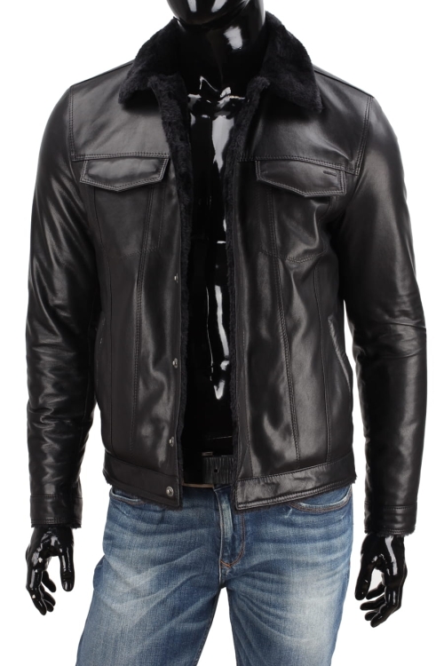 KTMK450 - Czarna katana skórzana męska z kożuchem / ciepła kurtka w stylu katany jeansowej DORJAN