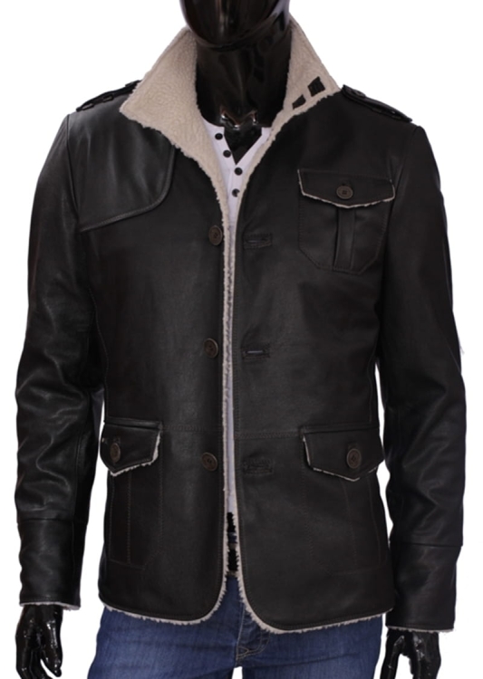 ELV950 - Czarna Kurtka skórzana męska z podszyciem z kożucha ekologicznego, sezon jesień / zima DORJAN
