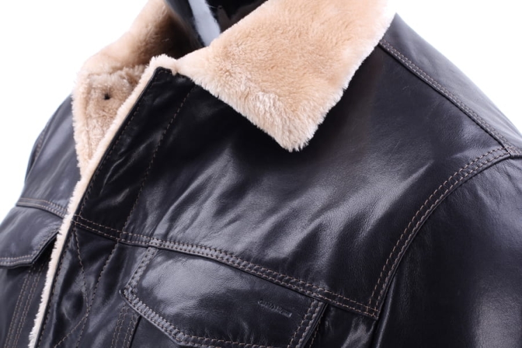 KTMK071 - Granatowa katana skórzana męska z kożuchem / klasyczny wywijany kołnierz z podszyciem z futerka DORJAN