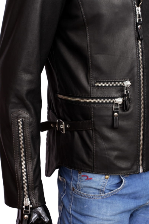 LEO950_3 - Ramoneska Skórzana Męska Vintage Carlo Monti z metalowymi zamkami w kieszeniach i rękawie