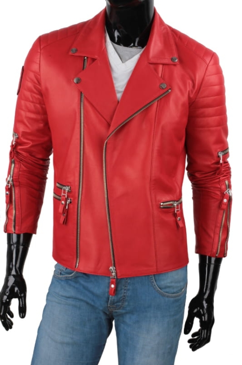 ATN462 - Czerwona Ramoneska Męska Skórzana / klasyczna ramoneska z dużą ilością zamków DORJAN