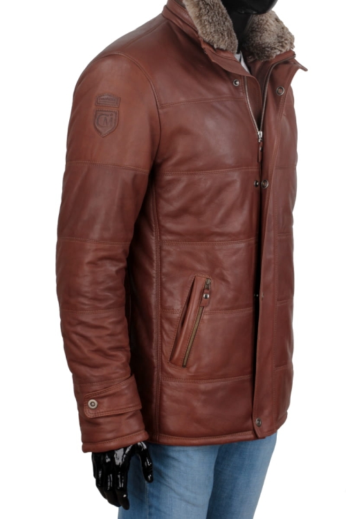 Kurtka skórzana pikowana męska DORJAN CM BRU216 kieszeń i logo 
