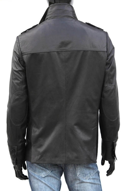 ELV810 - Czarna kurtka skórzana męska, pokazane plecy z karczkiem i tył kołnierza DORJAN