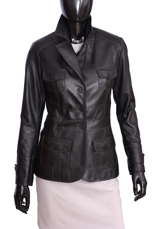 MNA450_3 - marynarka skórzana damska z kieszeniami z patką i z wysokim kołnierzem DORJAN