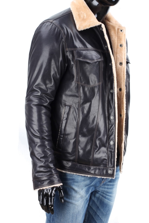 KTMK071 - Granatowa katana skórzana męska z kożuchem / kieszenie na klatce piersiowej w stylu kurtki jeansowej DORJAN