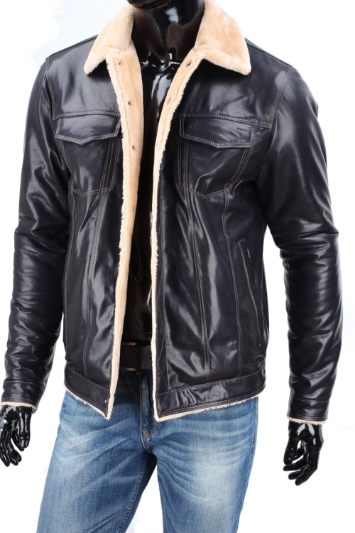 KTMK071 - Granatowa katana skórzana męska z ociepleniem / ciepła katana w stylu kurtki jeansowej z futerkiem DORJAN