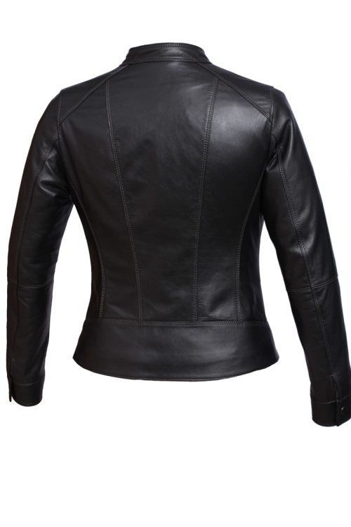 SAR450 - czarna damska kurtka skórzana z paskiem na klamrę i przeszyciami DORJAN