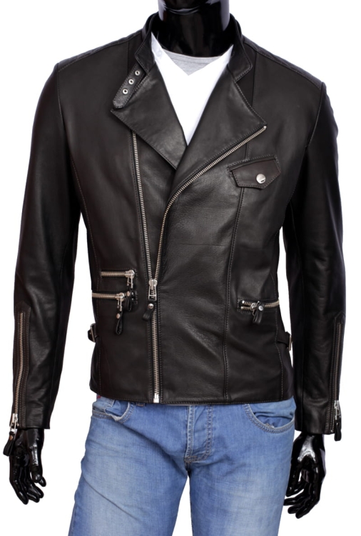 LEO950_3 - Klasyczna Ramoneska Skórzana Vintage Męska Carlo Monti z czarnej skóry owczej