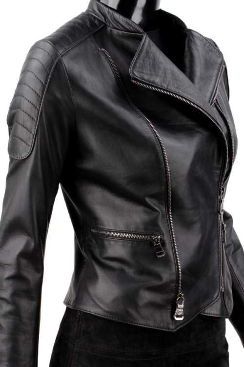 MEL450 - Ramoneska skórzana damska z pikowanymi ramionami z klasycznymi klapami DORJAN