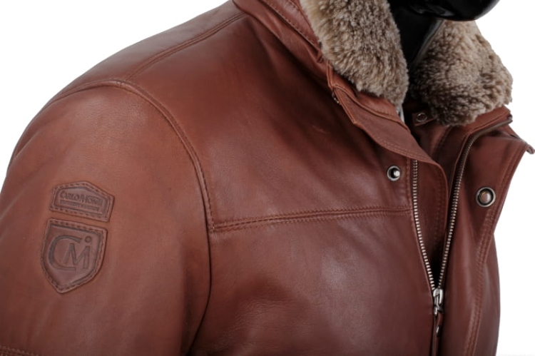 Kurtka skórzana pikowana męska DORJAN CM BRU216 odpinany futrzany kołnierz 