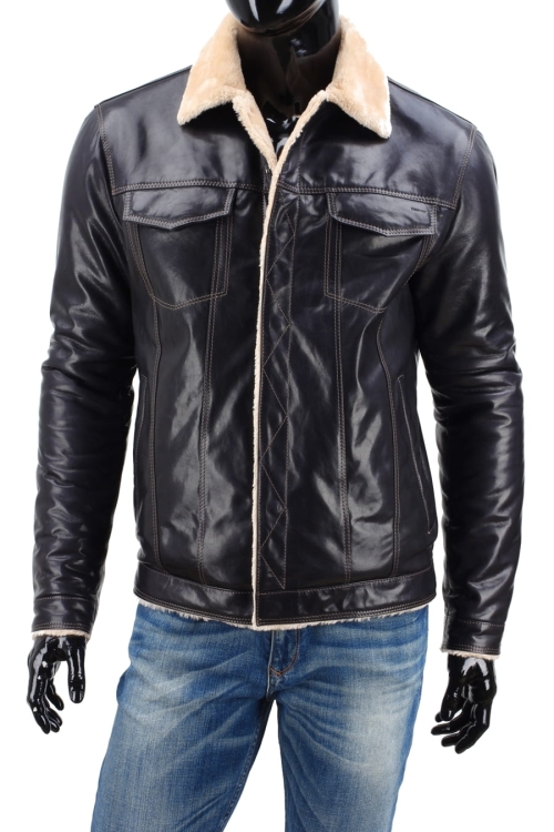 KTMK071 - Granatowa katana skórzana męska z futerkiem / idealna na sezon jesień - zima DORJAN