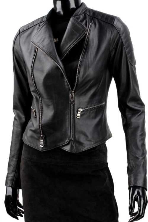 MEL450 - Ramoneska skórzana damska z pikowanymi ramionami z asymetrycznym zapięciem DORJAN