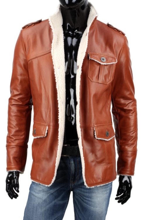 ELV090 - Brązowo - ruda kurtka skórzana męska  ocieplana jasnym kożuchem ekologicznym DORJAN