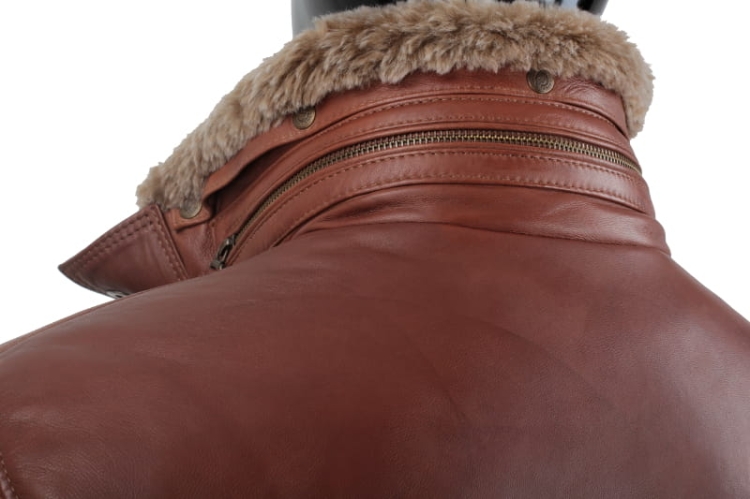 Kurtka skórzana pikowana męska DORJAN CM BRU216 kołnierz z futrem naturalnym 