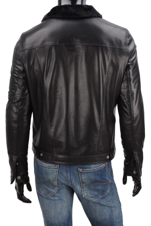 KTMK450 - Czarna katana skórzana męska z kożuchem / plecy z regulacją obwodu dołu kurtki DORJAN