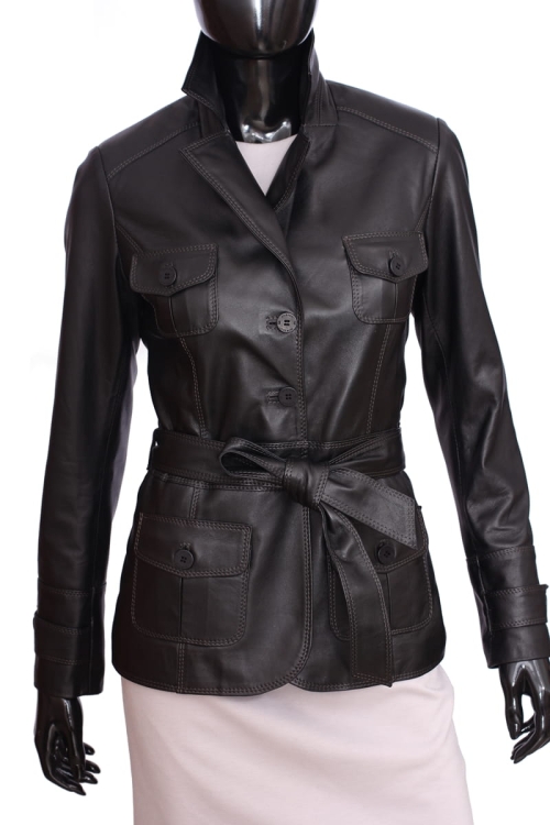 MNA450_3 - marynarka skórzana damska z kieszeniami z patką i paskiem DORJAN