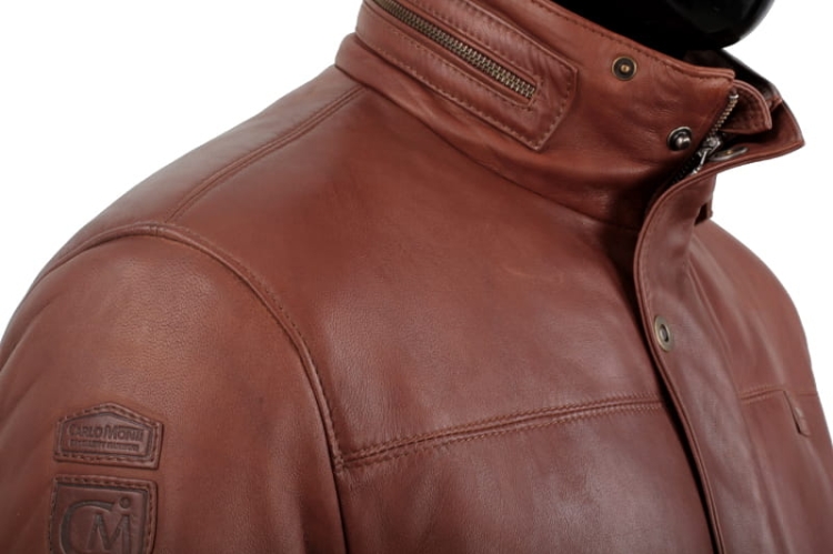 Kurtka skórzana pikowana męska DORJAN CM BRU216 logo na ramieniu 