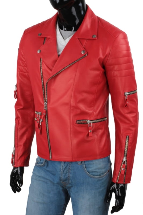 ATN462 - Czerwona Ramoneska Męska Skórzana / praktyczne kieszenie zewnętrzne zapinane na zamek DORJAN