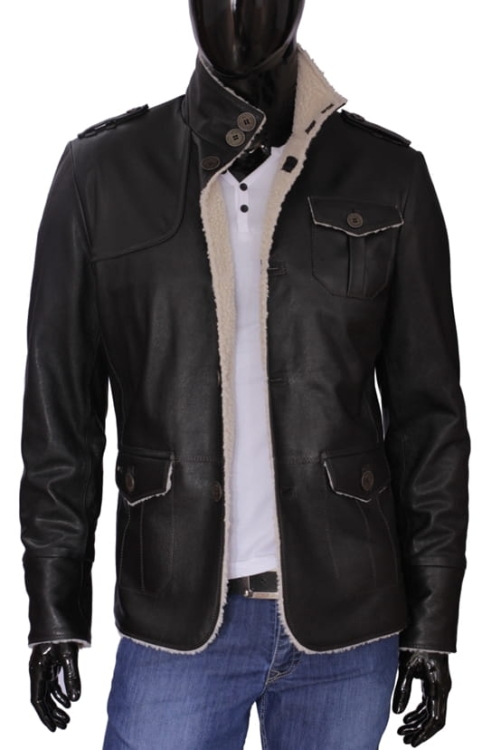 ELV950 - Ciepła kurtka skórzana męska ocieplana kożuchem eko, czarna skóra naturalna CARLO MONTI