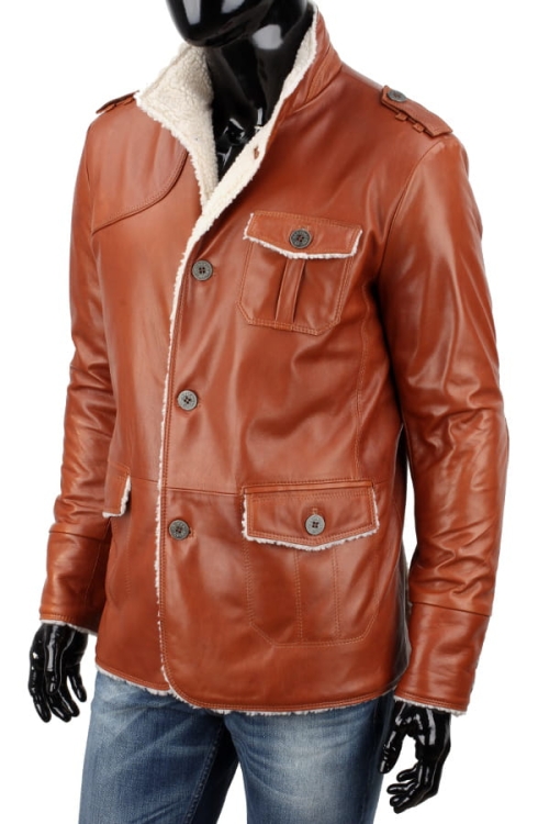 ELV090 - Kurtka skórzana męska / patki z kożuchem na górnej i dolnej kieszeni zewnętrznej DORJAN