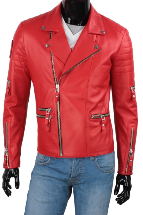 ATN462 - Czerwona Ramoneska Męska Skórzana / klasyczne klapy z dodatkowymi zatrzaskami DORJAN