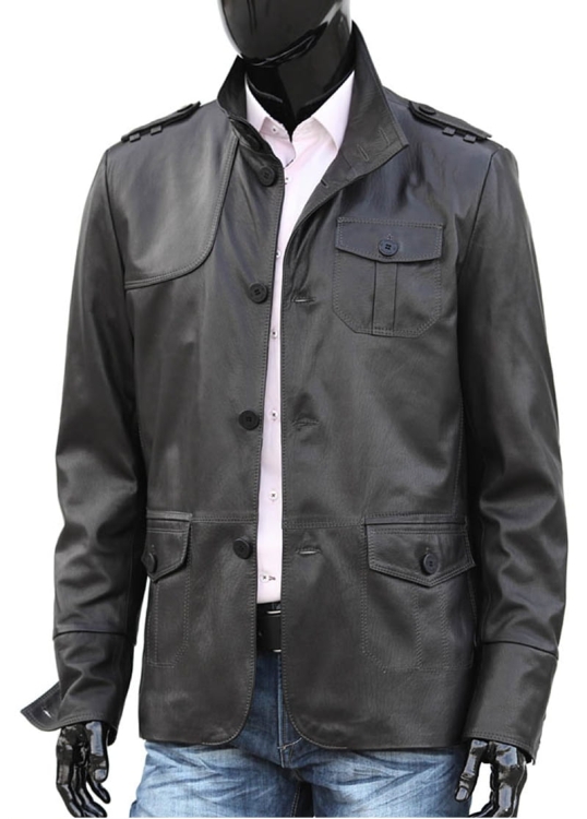 ELV810 - Długa kurtka skórzana męska z czarnej skóry naturalnej, zapinana na guziki DORJAN