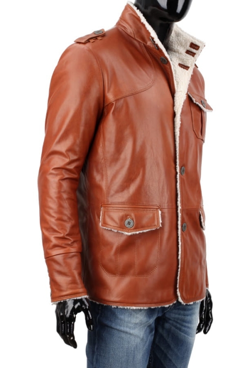 ELV090 - Ciepła brązowa kurtka skórzana męska z kieszeniami krytymi patką i pagonami DORJAN