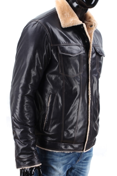 KTMK071 - Granatowa katana skórzana męska z futerkiem / zapinana na metalowe napy DORJAN