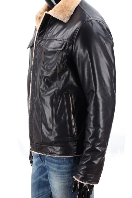 KTMK071 - Granatowa katana skórzana męska z futerkiem / rękaw z mankietem zapinanym na zatrzask DORJAN