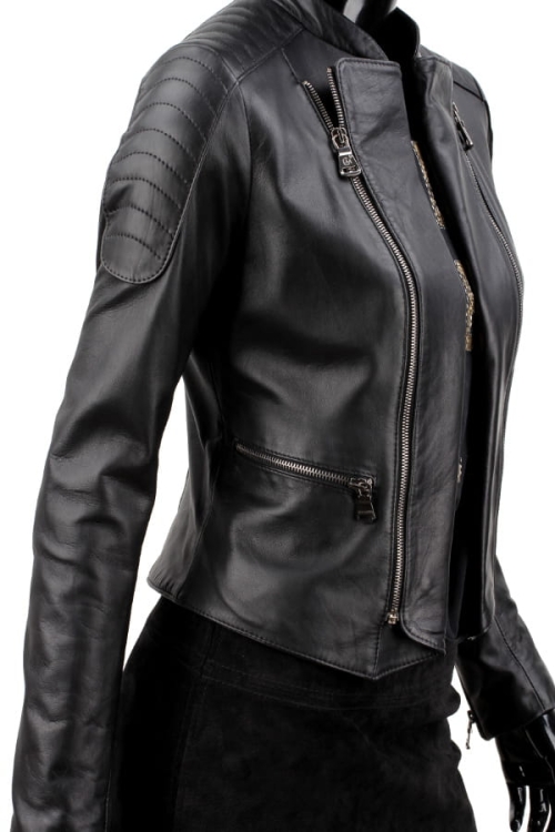 MEL450 - Ramoneska skórzana damska z pikowanymi ramionami /proste rękawy/ kieszenie boczne/ DORJAN