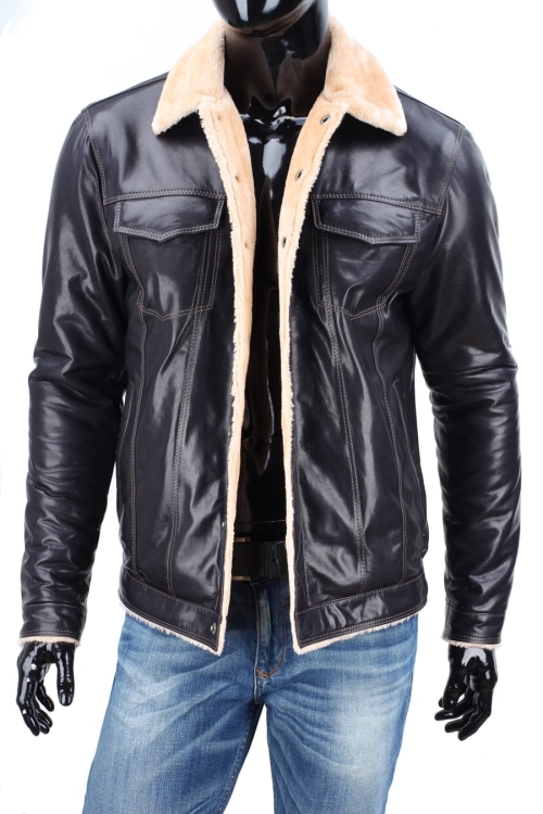 KTMK071 - Granatowa katana skórzana męska z kożuchem eko / ciepła kurtka na okres jesienny i zimowy DORJAN