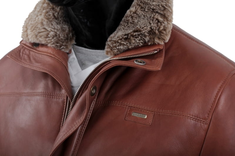 Kurtka skórzana pikowana męska DORJAN CM BRU216 kołnierz z futra naturalnego 