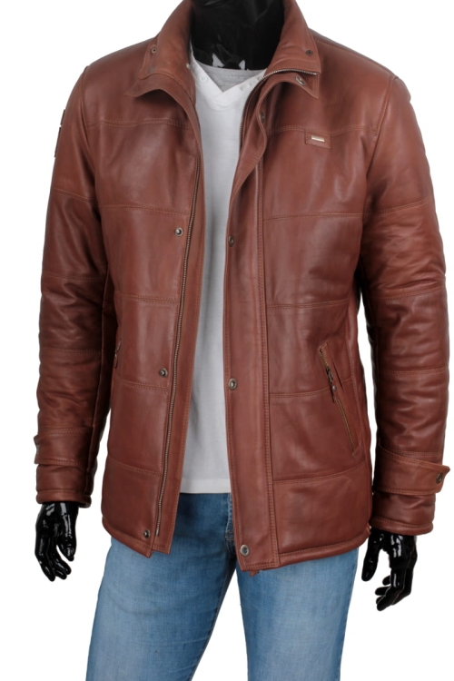 Kurtka skórzana pikowana męska DORJAN CM BRU216 przód rozpięty 